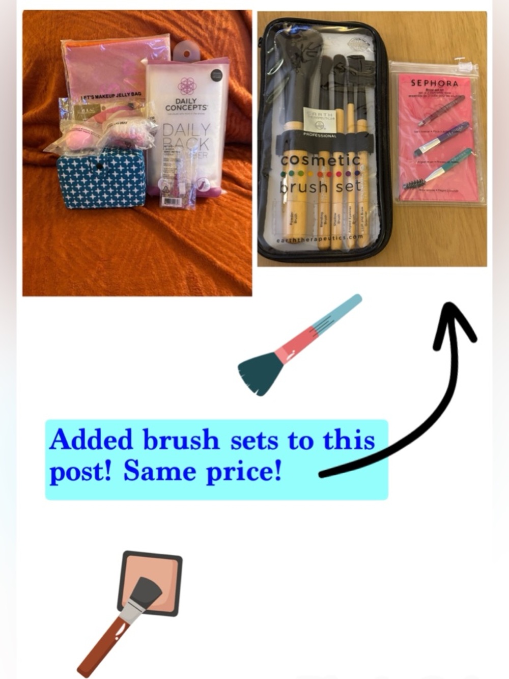 Cosmetic Bag-Eyebrow Kit-Makeup Brushes & Covers-Back Scrubber-Mini Sewing Kit.